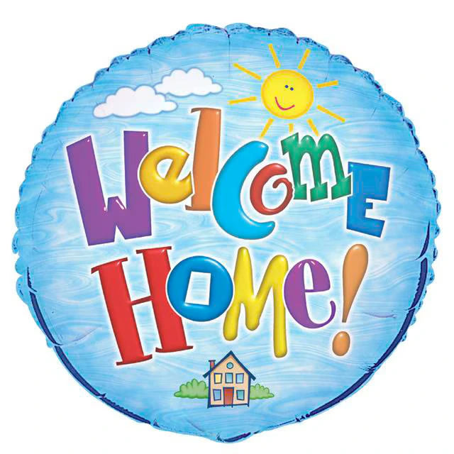 round shape; blue background with clouds and sun; multicoloured text saying 'Welcome Home!'; small house illustration at bottom;