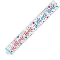 red, white, and blue colours; foil material; 3.65 metres length; stars pattern;  22Welcome Home 22 text in script font;