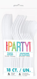 bright white plastic material; pack includes knives, forks and spoons; cutlery pieces are smooth and slim; packaging label with colourful PARTY! logo; total 18 pieces with 6 of each cutlery type;
