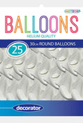 White colour; Latex material; Round balloon shape; Pack of 25 balloons; Packaging labelled with 'decorator' and '30cm';