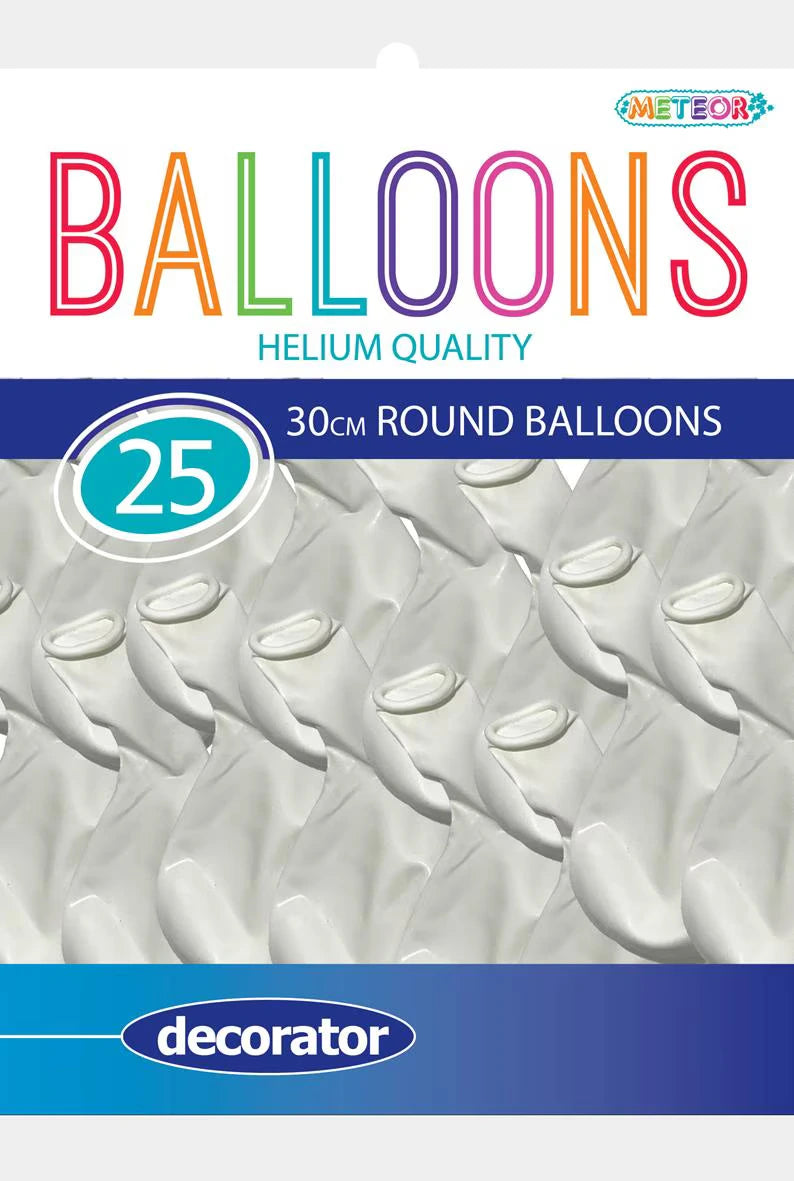 White colour; Latex material; Round balloon shape; Pack of 25 balloons; Packaging labelled with 'decorator' and '30cm';
