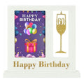 white frame with built-in stand; holds 4x6 inch photo; glitter gold champagne glass design with '60'; gold Happy Birthday text;