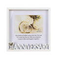 white metal frame; 6x4 inch photo size; raised anniversary text; silver accent design on 'A' letter;