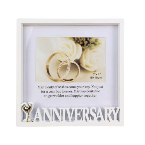 white metal frame; 6x4 inch photo size; raised anniversary text; silver accent design on 'A' letter;