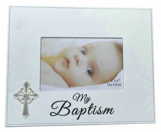 white rectangular frame; includes silver cross decoration; holds 6x4 inch photo; 'My Baptism' text on front;