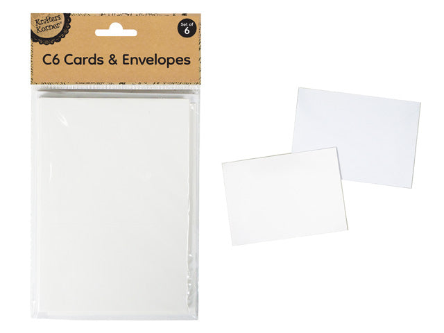 white rectangular cards; white envelopes; packaging labelled 'C6 Cards & Envelopes'; pack contains 6 cards and envelopes; simple plain design;
