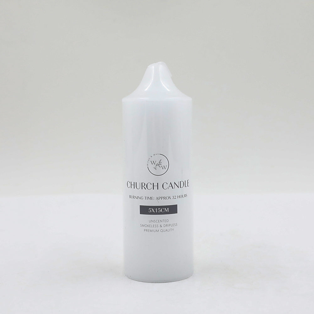 white cylindrical candle; approx 5cm diameter and 15cm height; smooth surface with printed label; tapered top with wick; plain white colour;
