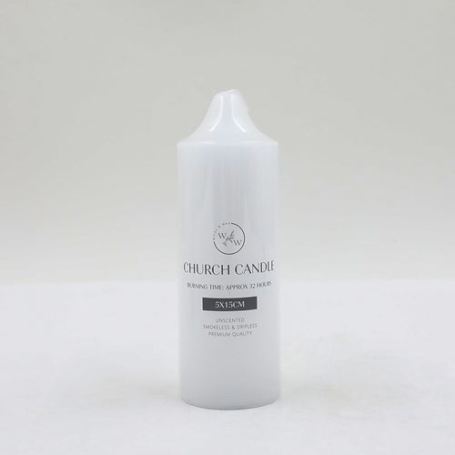 white cylindrical candle; approx 5cm diameter and 15cm height; smooth surface with printed label; tapered top with wick; plain white colour;