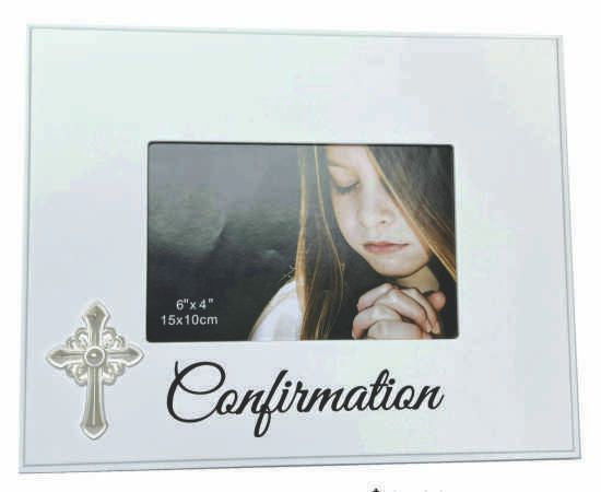 white rectangular frame; decorative metal cross on bottom left; photo size 6x4 inch (15x10 cm); word 'Confirmation' in cursive on bottom;
