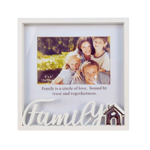 white square frame; metallic word 'Family' in white; small silver metal house detail; fits 6x4 inch photo; sentimental printed message inside;