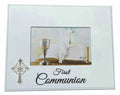 white rectangular frame; decorative silver-tone communion cross on bottom left; holds 6x4 inch photo; matte finish;