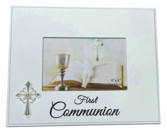 white rectangular frame; decorative silver-tone communion cross on bottom left; holds 6x4 inch photo; matte finish;
