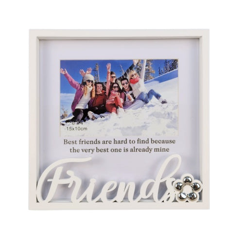 white square frame; script text "Friends" in white; decorative silver flower detail in corner; holds 15x10cm photo size; includes photo sample with group of friends in snow;