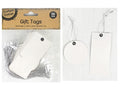 white rectangular and circular tags; silver cords attached; rectangular tags approximately 4x9cm; circle tags approximately 5cm diameter; packaged in clear plastic bag with brown label;