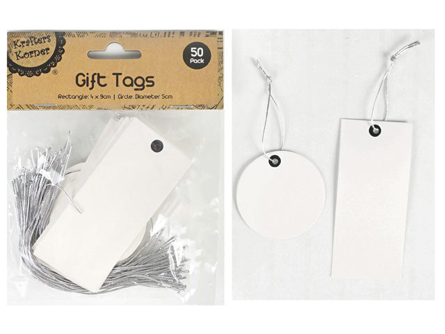 white rectangular and circular tags; silver cords attached; rectangular tags approximately 4x9cm; circle tags approximately 5cm diameter; packaged in clear plastic bag with brown label;