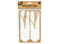 white rectangular tags; natural jute string attached; cardboard backing packaging; pack of 12 tags; tags measure approximately 6 x 10 cm;
