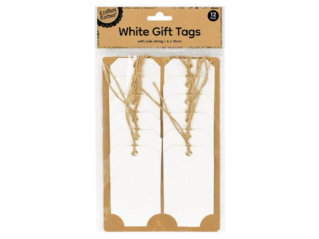 white rectangular tags; natural jute string attached; cardboard backing packaging; pack of 12 tags; tags measure approximately 6 x 10 cm;