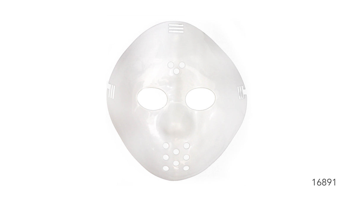 White, smooth plastic appearance; Rounded mask shape with two large eye openings; Circular holes across the forehead and lower face; Narrow slots near the top and sides;