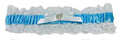 white lace material; blue satin ribbon; white satin bow; heart-shaped rhinestone detail; elastic gathered design;