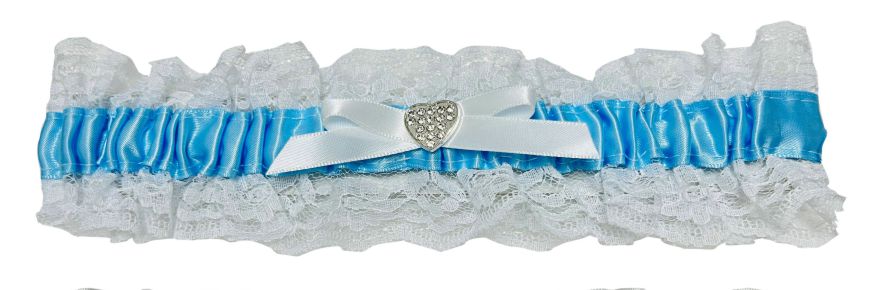 white lace material; blue satin ribbon; white satin bow; heart-shaped rhinestone detail; elastic gathered design;