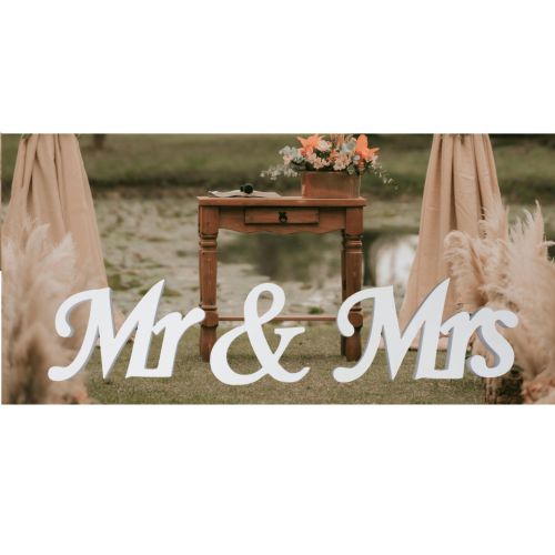 white colour; MDF material; 'Mr & Mrs' text; decorative display item; 30cm height;