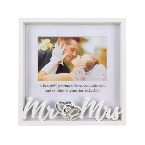 white square metal frame; decorative silver intertwined hearts; Mr Mrs lettering in white; holds 15x10cm photo; glass front cover;