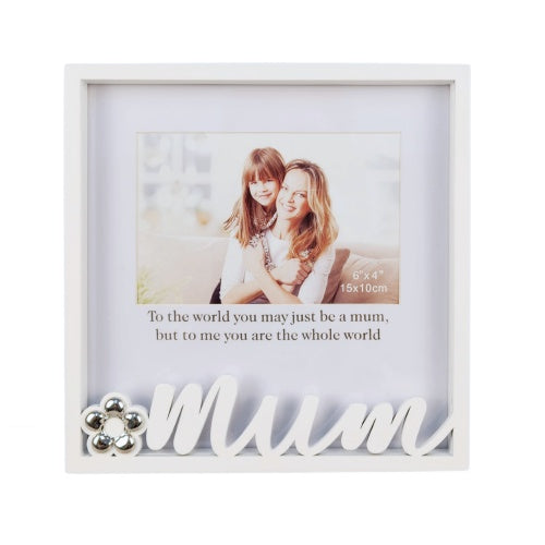 white square frame; 6x4 inch photo display; decorative 'mum' text; small metal flower accent on frame;