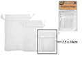 White sheer organza fabric; Drawstring closure with cord; Rectangular shape; Packaging shows 6 bags in a set;