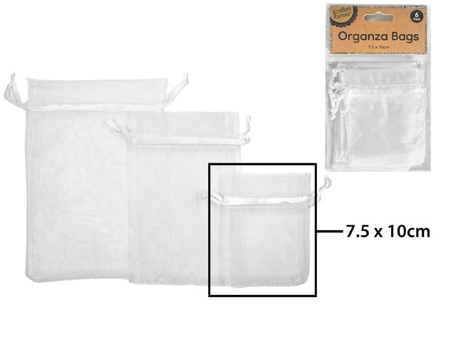 White sheer organza fabric; Drawstring closure with cord; Rectangular shape; Packaging shows 6 bags in a set;