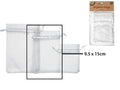 white organza material; rectangular shape; drawstring closure; pack of 6; packaging includes label with product info;
