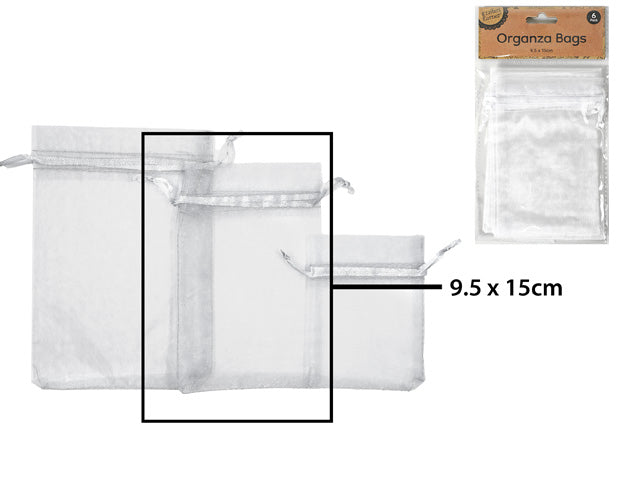 white organza material; rectangular shape; drawstring closure; pack of 6; packaging includes label with product info;