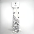 White fabric bandana; Black paisley and patterned print; Rectangular folded presentation; Hanging on white branded card packaging;