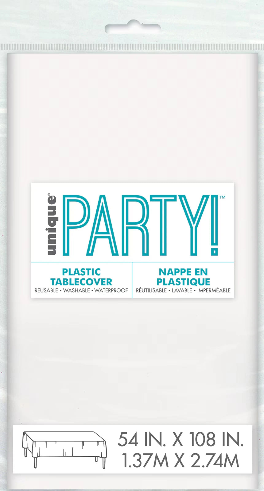 bright white colour; rectangular shape; plastic material; dimensions labelled 1.37m x 2.74m; packaged in clear plastic bag;