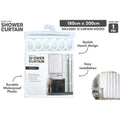 White colour; Made of PVC plastic; Includes 12 white curtain hooks; Dimensions 180cm x 200cm; Packaged in clear plastic with hanger;