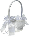 white satin material; decorative lace trim around basket; two large white ribbon bows on handle; round basket shape; handle wrapped in matching satin;