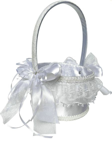 white satin material; decorative lace trim around basket; two large white ribbon bows on handle; round basket shape; handle wrapped in matching satin;