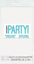 Bright white colour; Round shape; Plastic material; Packaged flat; 213cm (84 inch) diameter size indicated on packaging;