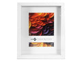 White wooden frame; Rectangular shape; Glass front; Deep shadow box style; Paper insert with coloured design;