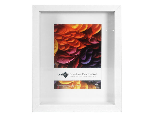 White wooden frame; Rectangular shape; Glass front; Deep shadow box style; Paper insert with coloured design;