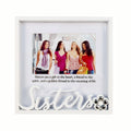 white square metal frame; holds 15x10cm photo; decorative metal flower detail; Sisters script lettering on front; heartfelt message below photo;