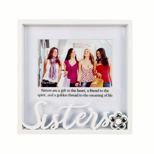 white square metal frame; holds 15x10cm photo; decorative metal flower detail; Sisters script lettering on front; heartfelt message below photo;