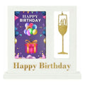 white frame with rectangular 4x6 photo slot; gold glitter "40" champagne glass design; "Happy Birthday" text in gold glitter; standup base for desk or shelf display;