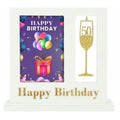 white standup photo frame; holds 4x6 inch photo; gold glitter 50 champagne glass decoration; gold Happy Birthday text; rectangular shape with base stand;
