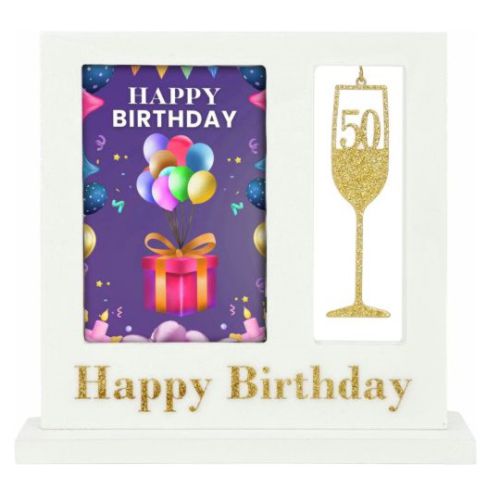 white standup photo frame; holds 4x6 inch photo; gold glitter 50 champagne glass decoration; gold Happy Birthday text; rectangular shape with base stand;