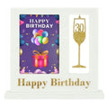 white standup frame; holds 4x6 photo; gold glitter '30' champagne glass cutout; gold glitter Happy Birthday text; stable base support;