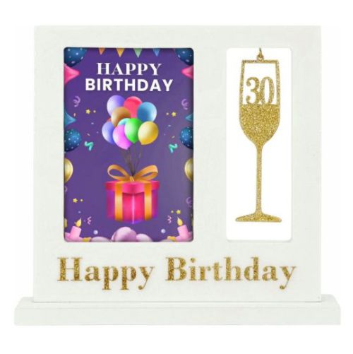 white standup frame; holds 4x6 photo; gold glitter '30' champagne glass cutout; gold glitter Happy Birthday text; stable base support;
