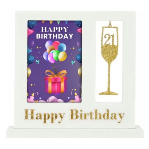 white rectangular stand-up frame; gold glitter 'Happy Birthday' text; gold glitter champagne glass with '21'; photo slot with a colourful birthday image;