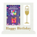 white wooden standup frame; gold glitter '18' wine glass decoration; "Happy Birthday" text in gold glitter; holds 4x6 photo; rectangular shape;