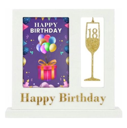 white wooden standup frame; gold glitter '18' wine glass decoration; "Happy Birthday" text in gold glitter; holds 4x6 photo; rectangular shape;