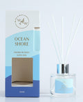 Clear glass round diffuser bottle; Silver metal ring collar; White reed sticks; Blue gradient box packaging; Gold foil text on box and label;
